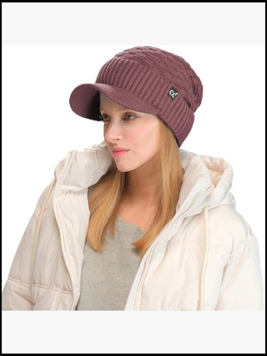 Fleece Lined Knit Hat with Visor Brim Stretchy Ribbed main image 5
